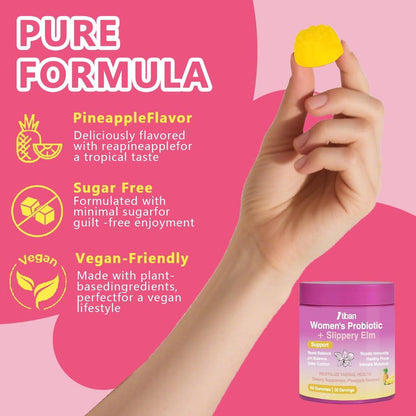 Itiban Feminine Vaginal Probiotika Gummis – Unterstützt pH-Gleichgewicht & Verdauungsgesundheit, Slippery Elm für Frauen, Zuckerfrei, Vegan, Ananasgeschmack, 60 Stück