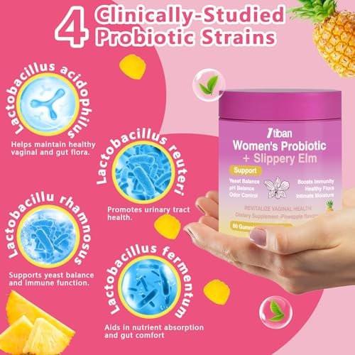 Itiban Feminine Vaginal Probiotika Gummis – Unterstützt pH-Gleichgewicht & Verdauungsgesundheit, Slippery Elm für Frauen, Zuckerfrei, Vegan, Ananasgeschmack, 60 Stück