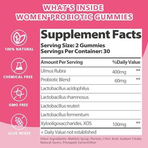 Itiban Feminine Vaginal Probiotika Gummis – Unterstützt pH-Gleichgewicht & Verdauungsgesundheit, Slippery Elm für Frauen, Zuckerfrei, Vegan, Ananasgeschmack, 60 Stück