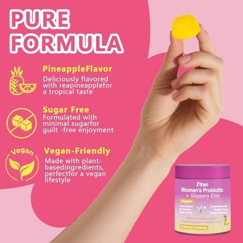Itiban Feminine Vaginal Probiotika Gummis – Unterstützt pH-Gleichgewicht & Verdauungsgesundheit, Slippery Elm für Frauen, Zuckerfrei, Vegan, Ananasgeschmack, 60 Stück