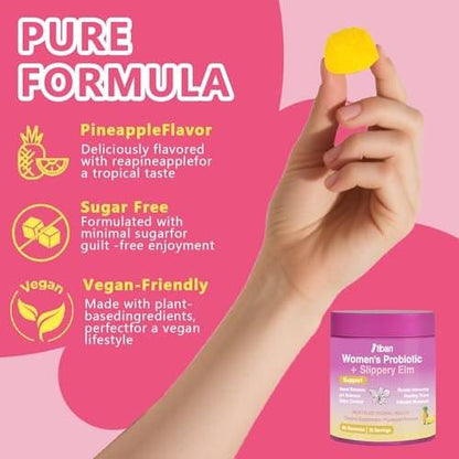 Itiban Feminine Vaginal Probiotika Gummis – Unterstützt pH-Gleichgewicht & Verdauungsgesundheit, Slippery Elm für Frauen, Zuckerfrei, Vegan, Ananasgeschmack, 60 Stück