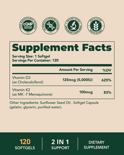 BienRaíz Vitamin D3 K2 5000IE 100mcg MK-7, 120 Weichkapseln, 2-in-1 D3 K2 Vitaminpräparat für Knochengesundheit, Immununterstützung, bessere Kalziumaufnahme, leicht zu schlucken, 1 täglich, 120-Tage-Vorrat