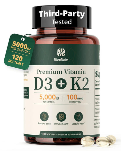 BienRaíz Vitamin D3 K2 5000IE 100mcg MK-7, 120 Weichkapseln, 2-in-1 D3 K2 Vitaminpräparat für Knochengesundheit, Immununterstützung, bessere Kalziumaufnahme, leicht zu schlucken, 1 täglich, 120-Tage-Vorrat