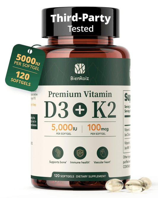 BienRaíz Vitamin D3 K2 5000IE 100mcg MK-7, 120 Weichkapseln, 2-in-1 D3 K2 Vitaminpräparat für Knochengesundheit, Immununterstützung, bessere Kalziumaufnahme, leicht zu schlucken, 1 täglich, 120-Tage-Vorrat
