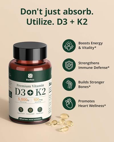 BienRaíz Vitamin D3 K2 5000IE 100mcg MK-7, 120 Weichkapseln, 2-in-1 D3 K2 Vitaminpräparat für Knochengesundheit, Immununterstützung, bessere Kalziumaufnahme, leicht zu schlucken, 1 täglich, 120-Tage-Vorrat