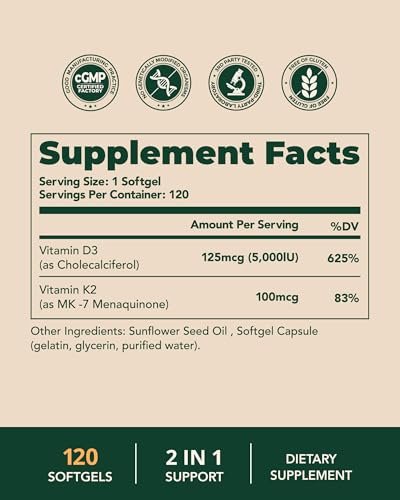 BienRaíz Vitamin D3 K2 5000IE 100mcg MK-7, 120 Weichkapseln, 2-in-1 D3 K2 Vitaminpräparat für Knochengesundheit, Immununterstützung, bessere Kalziumaufnahme, leicht zu schlucken, 1 täglich, 120-Tage-Vorrat