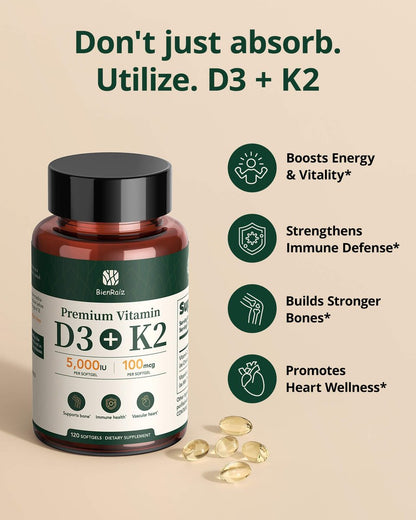 BienRaíz Vitamin D3 K2 5000IE 100mcg MK-7, 120 Weichkapseln, 2-in-1 D3 K2 Vitaminpräparat für Knochengesundheit, Immununterstützung, bessere Kalziumaufnahme, leicht zu schlucken, 1 täglich, 120-Tage-Vorrat