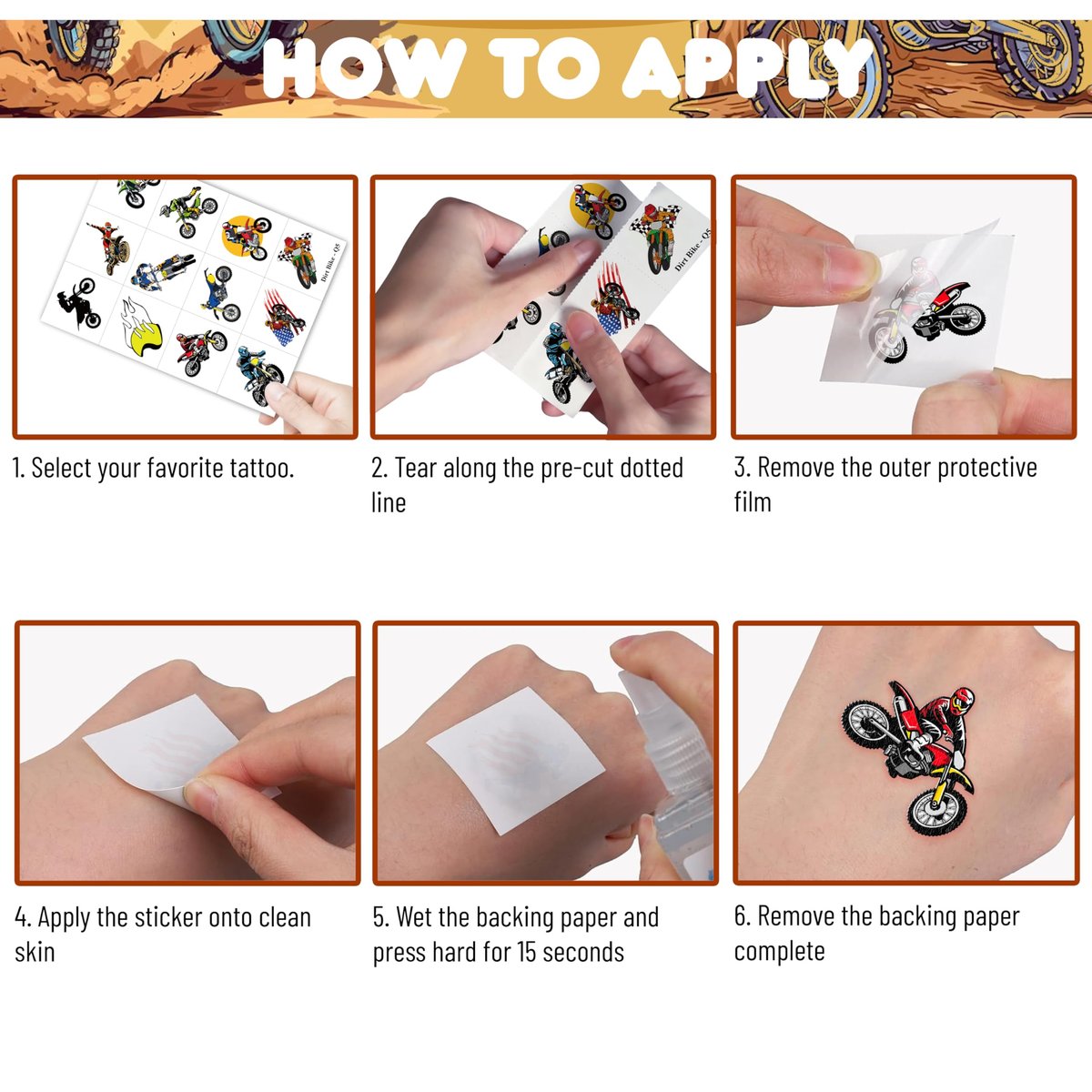 60 Stück Dirt Bike Temporäre Tattoos für Kinder – Wasserfeste Fake-Tattoo-Aufkleber (5 Bögen) – Motocross-Racing-Geburtstagsparty-Zubehör, Geschenke und Goodie-Bag-Füller für Jungen