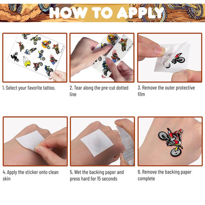 60 Stück Dirt Bike Temporäre Tattoos für Kinder – Wasserfeste Fake-Tattoo-Aufkleber (5 Bögen) – Motocross-Racing-Geburtstagsparty-Zubehör, Geschenke und Goodie-Bag-Füller für Jungen