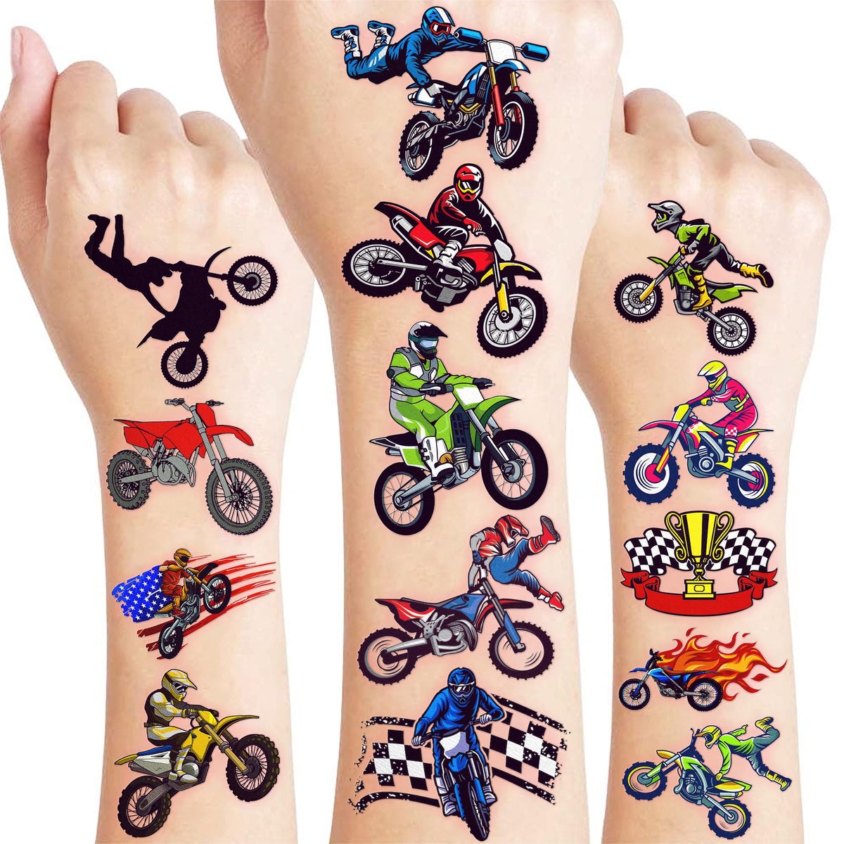 60 Stück Dirt Bike Temporäre Tattoos für Kinder – Wasserfeste Fake-Tattoo-Aufkleber (5 Bögen) – Motocross-Racing-Geburtstagsparty-Zubehör, Geschenke und Goodie-Bag-Füller für Jungen