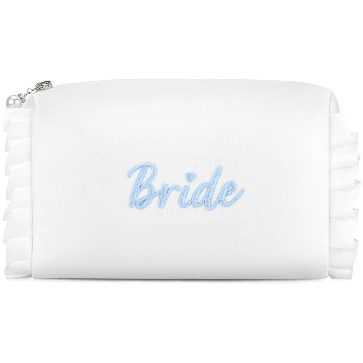 Etercycle Braut-Kosmetiktasche – Weiße Satin Make-up Tasche mit exquisiter Stickerei „Something Blue“ für Brautpartys, Verlobung, Hochzeit, Junggesellinnenabschied