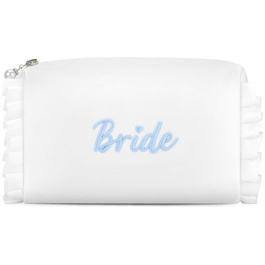 Etercycle Braut-Kosmetiktasche – Weiße Satin Make-up Tasche mit exquisiter Stickerei „Something Blue“ für Brautpartys, Verlobung, Hochzeit, Junggesellinnenabschied