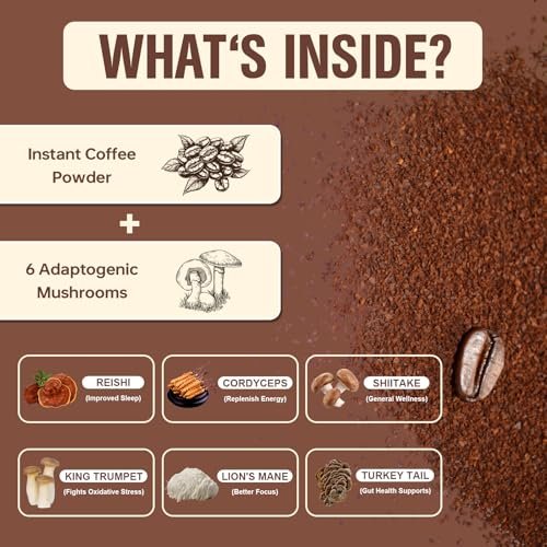 Bio Pilz Kaffee, Instant Pilz Kaffee Pulver mit 6 adaptogenen Pilzen (Cordyceps, Löwenmähne, Shiitake, Truthahnschwanz) und MCT-Öl für bessere Energie, Fokus, Immununterstützung - 30 Portionen