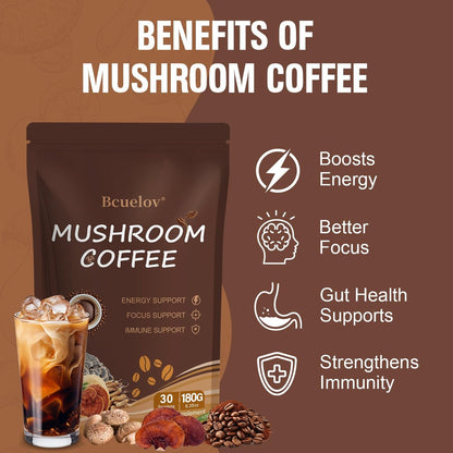 Bio Pilz Kaffee, Instant Pilz Kaffee Pulver mit 6 adaptogenen Pilzen (Cordyceps, Löwenmähne, Shiitake, Truthahnschwanz) und MCT-Öl für bessere Energie, Fokus, Immununterstützung - 30 Portionen