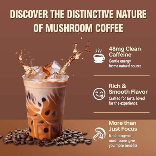 Bio Pilz Kaffee, Instant Pilz Kaffee Pulver mit 6 adaptogenen Pilzen (Cordyceps, Löwenmähne, Shiitake, Truthahnschwanz) und MCT-Öl für bessere Energie, Fokus, Immununterstützung - 30 Portionen