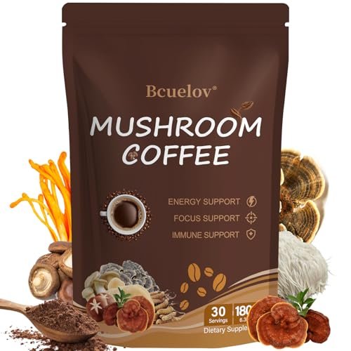 Bio Pilz Kaffee, Instant Pilz Kaffee Pulver mit 6 adaptogenen Pilzen (Cordyceps, Löwenmähne, Shiitake, Truthahnschwanz) und MCT-Öl für bessere Energie, Fokus, Immununterstützung - 30 Portionen