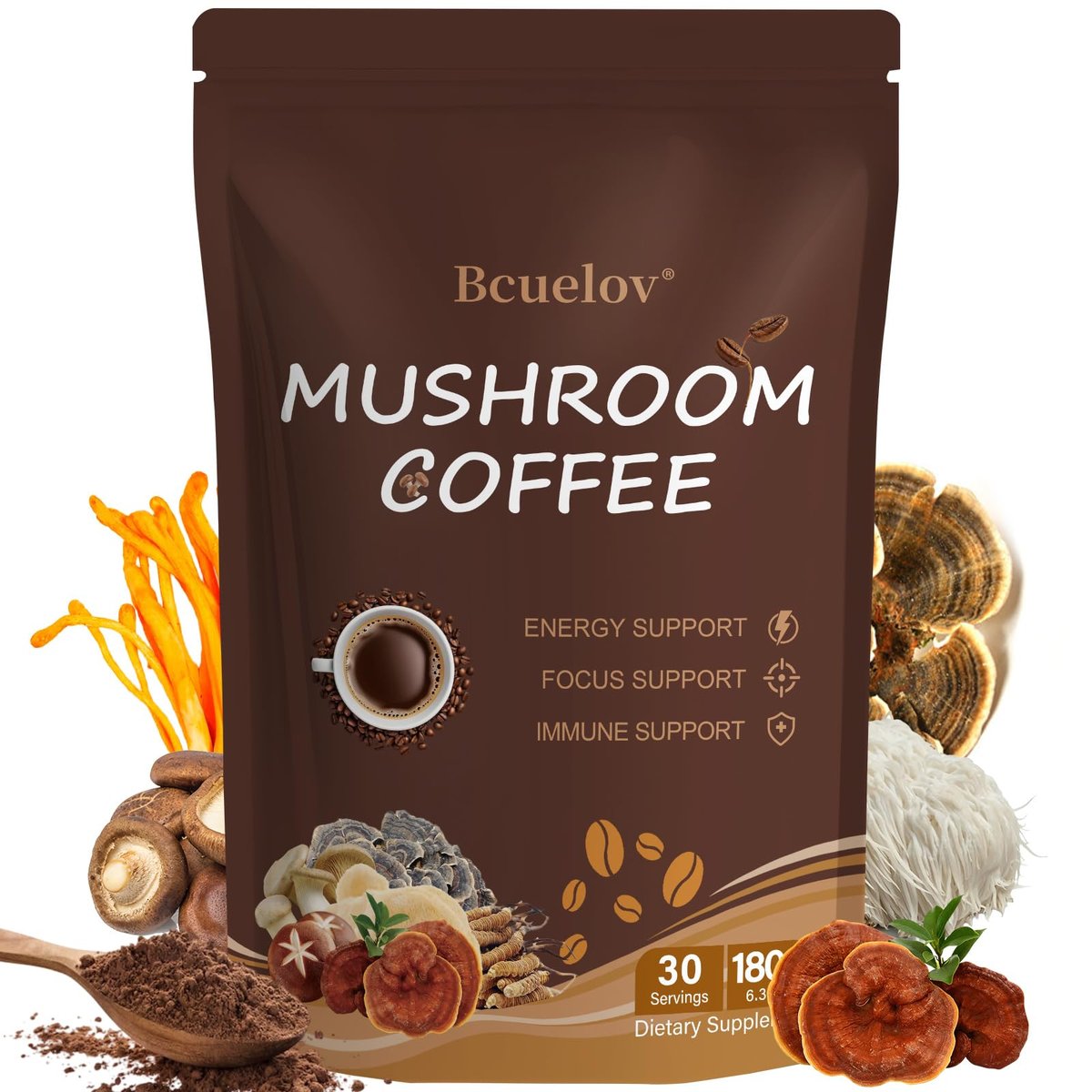 Bio Pilz Kaffee, Instant Pilz Kaffee Pulver mit 6 adaptogenen Pilzen (Cordyceps, Löwenmähne, Shiitake, Truthahnschwanz) und MCT-Öl für bessere Energie, Fokus, Immununterstützung - 30 Portionen