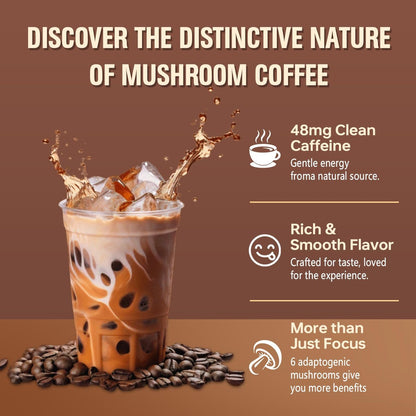 Bio Pilz Kaffee, Instant Pilz Kaffee Pulver mit 6 adaptogenen Pilzen (Cordyceps, Löwenmähne, Shiitake, Truthahnschwanz) und MCT-Öl für bessere Energie, Fokus, Immununterstützung - 30 Portionen