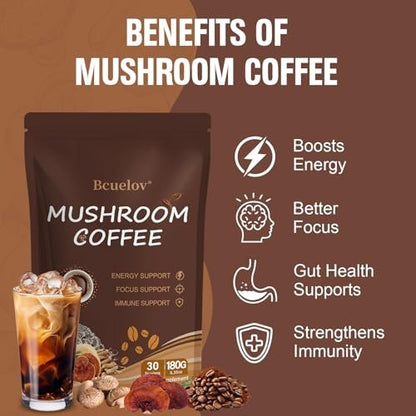 Bio Pilz Kaffee, Instant Pilz Kaffee Pulver mit 6 adaptogenen Pilzen (Cordyceps, Löwenmähne, Shiitake, Truthahnschwanz) und MCT-Öl für bessere Energie, Fokus, Immununterstützung - 30 Portionen