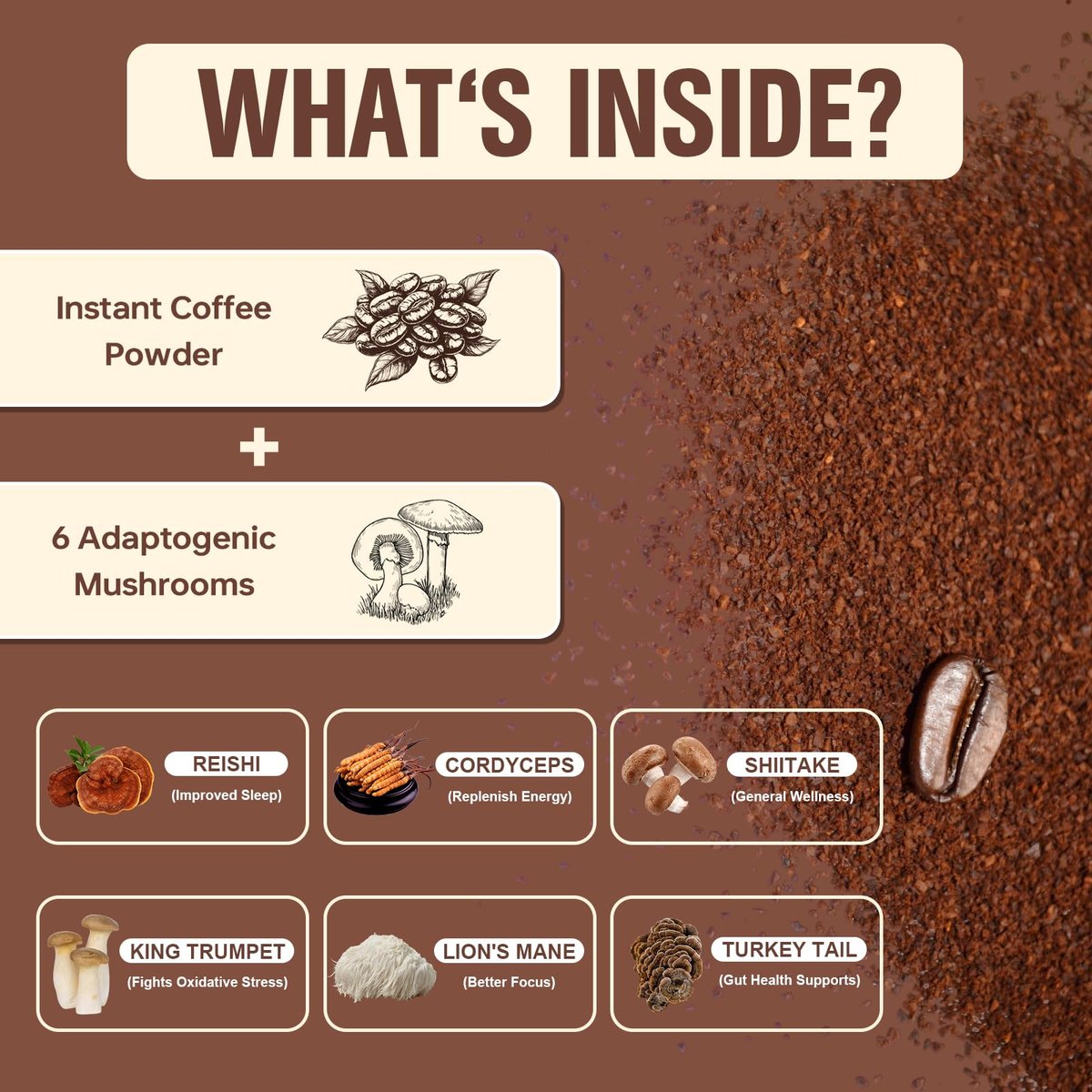 Bio Pilz Kaffee, Instant Pilz Kaffee Pulver mit 6 adaptogenen Pilzen (Cordyceps, Löwenmähne, Shiitake, Truthahnschwanz) und MCT-Öl für bessere Energie, Fokus, Immununterstützung - 30 Portionen