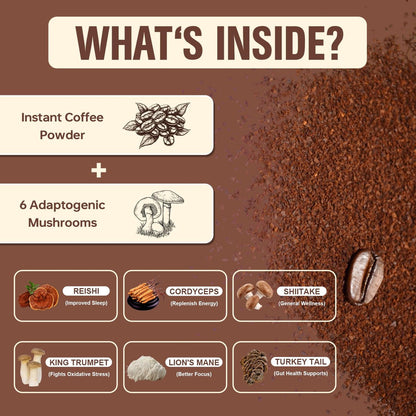 Bio Pilz Kaffee, Instant Pilz Kaffee Pulver mit 6 adaptogenen Pilzen (Cordyceps, Löwenmähne, Shiitake, Truthahnschwanz) und MCT-Öl für bessere Energie, Fokus, Immununterstützung - 30 Portionen