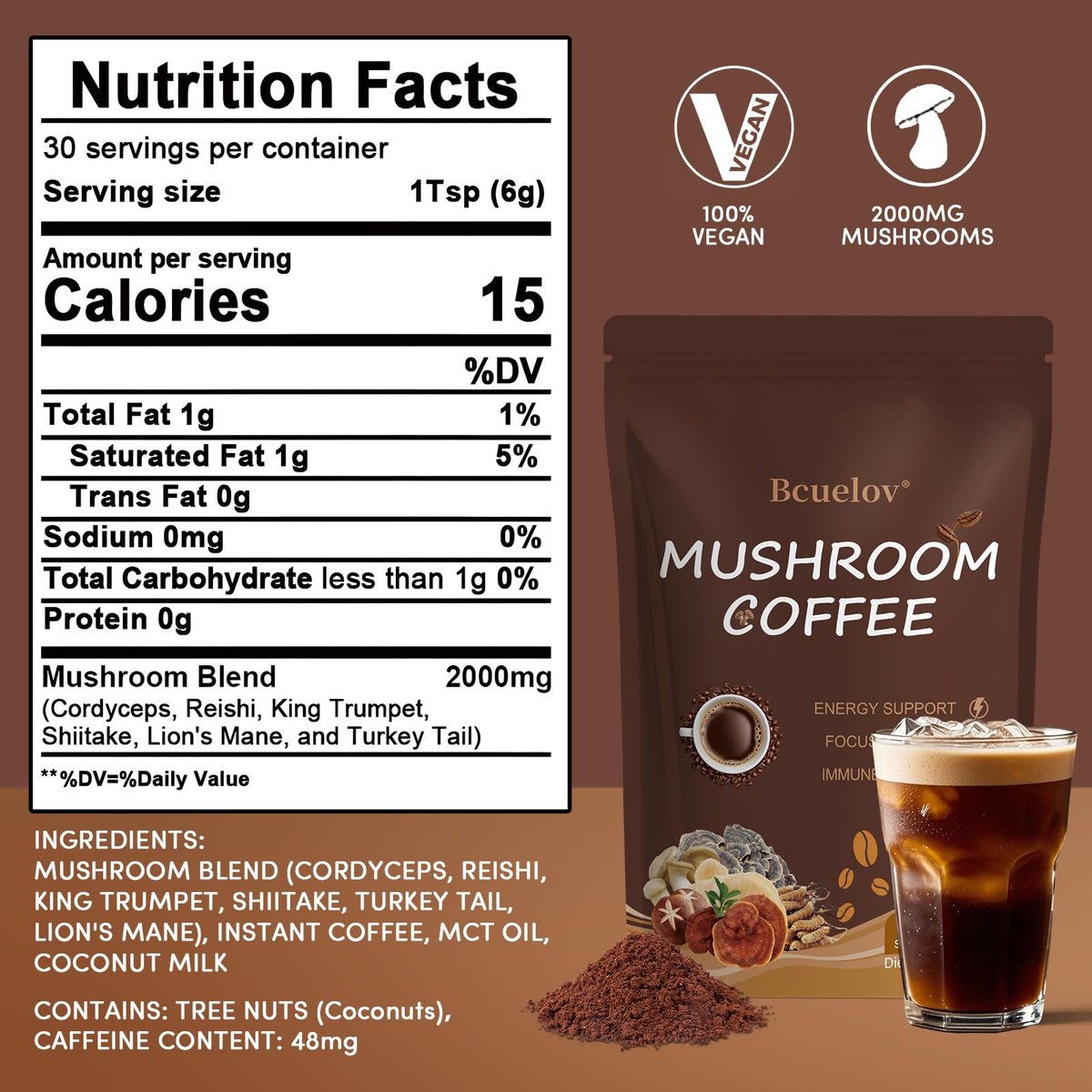 Bio Pilz Kaffee, Instant Pilz Kaffee Pulver mit 6 adaptogenen Pilzen (Cordyceps, Löwenmähne, Shiitake, Truthahnschwanz) und MCT-Öl für bessere Energie, Fokus, Immununterstützung - 30 Portionen