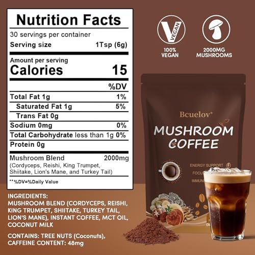 Bio Pilz Kaffee, Instant Pilz Kaffee Pulver mit 6 adaptogenen Pilzen (Cordyceps, Löwenmähne, Shiitake, Truthahnschwanz) und MCT-Öl für bessere Energie, Fokus, Immununterstützung - 30 Portionen