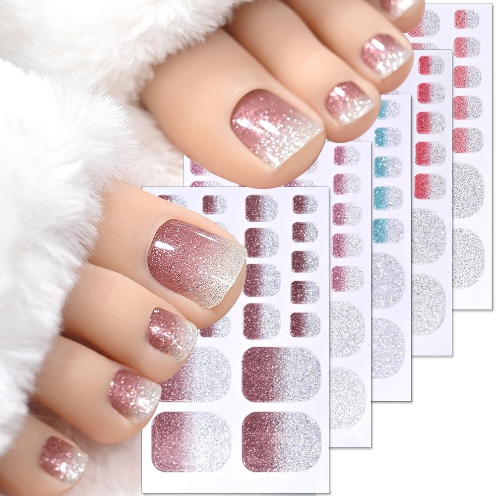 5 Bögen 110 Stück Gradient Glitzer Zehennagel-Aufkleber Streifen Vollnagel-Wraps Toenail-Sticker 3D Glänzend Bunt Gel Zehennagel-Dekorationen für Frauen Nagel-Dekoration Nagelpflege Maniküre-Zubehör