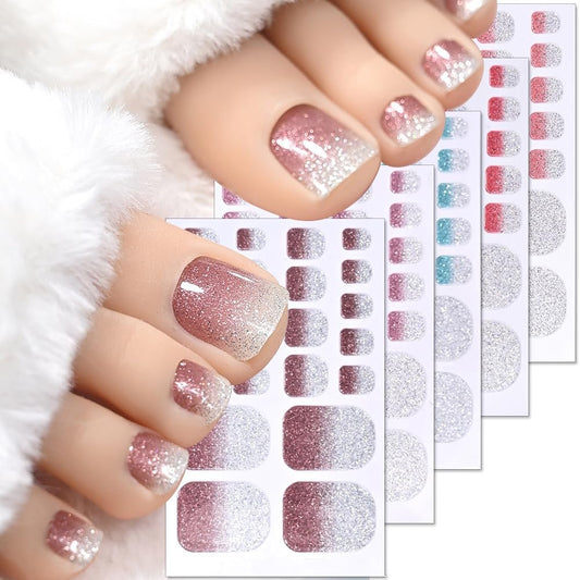 5 Bögen 110 Stück Gradient Glitzer Zehennagel-Aufkleber Streifen Vollnagel-Wraps Toenail-Sticker 3D Glänzend Bunt Gel Zehennagel-Dekorationen für Frauen Nagel-Dekoration Nagelpflege Maniküre-Zubehör