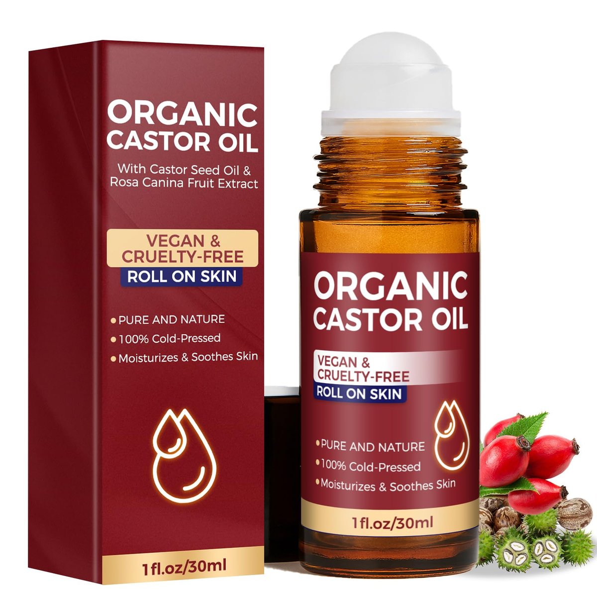 Tiepetly Rizinusöl Roll-On, Bio Rizinusöl, 100% rein & kaltgepresst, hexanfrei, pflegt die Haut, Glasflasche für Hände, Gelenke, Taille, Bauch, Körper