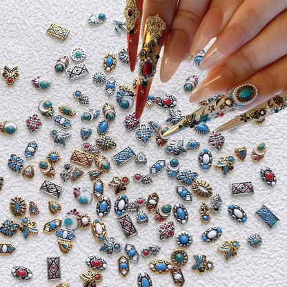 ONPRESS 50 Stücke Bunte Rock-Nagelcharms Retro Metal Bohemia Nagelkunst Charms Retro Legierung Türkis Totem Nageldiamanten 3D Western Blau Weiß Pink Marmor Edelsteine Schmuckzubehör für Maniküre Kunst DIY