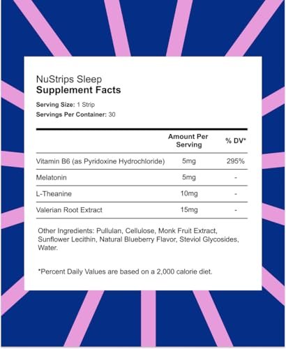 NuStrips™ Schnell lösliche Schlafstreifen mit 5 mg Melatonin, Baldrianwurzel, L-Theanin & Vitamin B6 – Blaubeergeschmack – Natürliches Schlafmittel, vegan, nicht gentechnisch verändert, glutenfrei – Schnell einschlafen (3 Streifen)