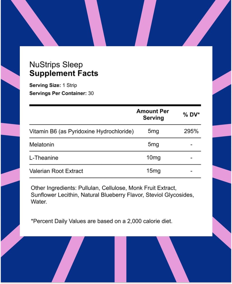 NuStrips™ Schnell lösliche Schlafstreifen mit 5 mg Melatonin, Baldrianwurzel, L-Theanin & Vitamin B6 – Blaubeergeschmack – Natürliches Schlafmittel, vegan, nicht gentechnisch verändert, glutenfrei – Schnell einschlafen (3 Streifen)
