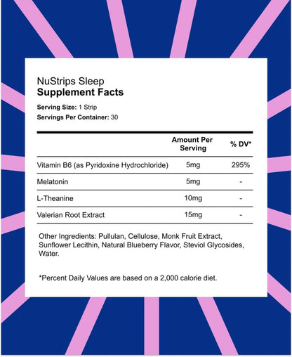 NuStrips™ Schnell lösliche Schlafstreifen mit 5 mg Melatonin, Baldrianwurzel, L-Theanin & Vitamin B6 – Blaubeergeschmack – Natürliches Schlafmittel, vegan, nicht gentechnisch verändert, glutenfrei – Schnell einschlafen (3 Streifen)