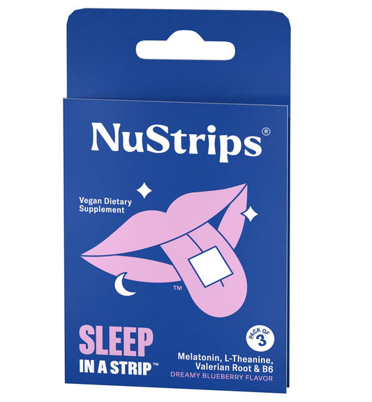 NuStrips™ Schnell lösliche Schlafstreifen mit 5 mg Melatonin, Baldrianwurzel, L-Theanin & Vitamin B6 – Blaubeergeschmack – Natürliches Schlafmittel, vegan, nicht gentechnisch verändert, glutenfrei – Schnell einschlafen (3 Streifen)