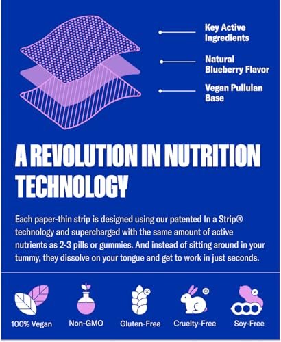 NuStrips™ Schnell lösliche Schlafstreifen mit 5 mg Melatonin, Baldrianwurzel, L-Theanin & Vitamin B6 – Blaubeergeschmack – Natürliches Schlafmittel, vegan, nicht gentechnisch verändert, glutenfrei – Schnell einschlafen (3 Streifen)