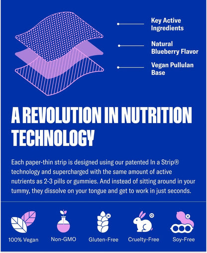 NuStrips™ Schnell lösliche Schlafstreifen mit 5 mg Melatonin, Baldrianwurzel, L-Theanin & Vitamin B6 – Blaubeergeschmack – Natürliches Schlafmittel, vegan, nicht gentechnisch verändert, glutenfrei – Schnell einschlafen (3 Streifen)