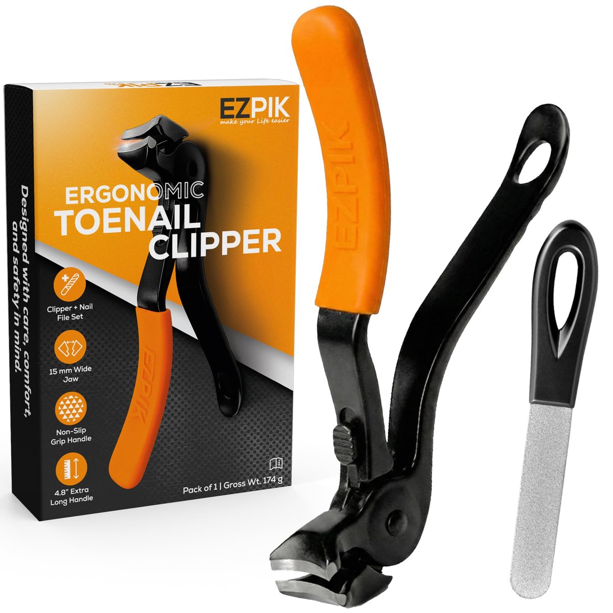 EZPIK Dicke Zehennagelschneider für Senioren mit Nagelfeilen-Set, Ergonomischer Nagelknipser mit 12 cm langem Griff, Abgewinkeltem Kopf und Edelstahlklingen, Bequemer Zehennagelschneider für schwache und arthritische Hände