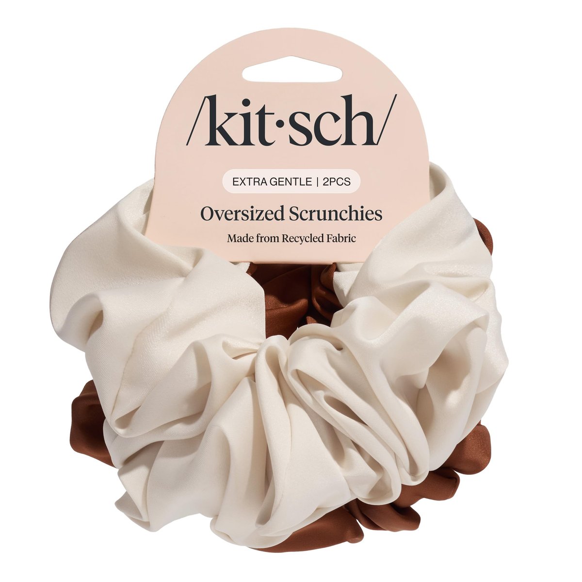 Kitsch Große Scrunchies aus recyceltem Satin – Umweltfreundliche Haargummis für Damen, Camel & Creme, 2er-Set