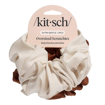 Kitsch Große Scrunchies aus recyceltem Satin – Umweltfreundliche Haargummis für Damen, Camel & Creme, 2er-Set