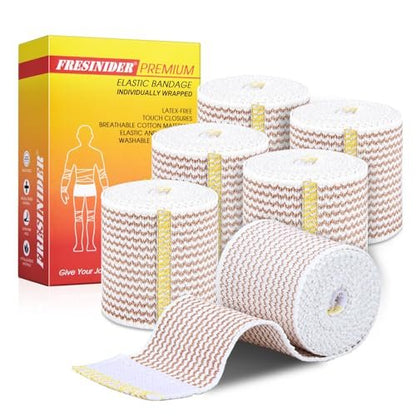 FRESINIDER Elastische Bindenwickel, 2" x 6er-Pack – Latexfreie Baumwoll-Kompressionsbinde mit Klettverschluss an beiden Enden, wiederverwendbare Wickel für Sport, medizinische Zwecke und Verletzungsheilung