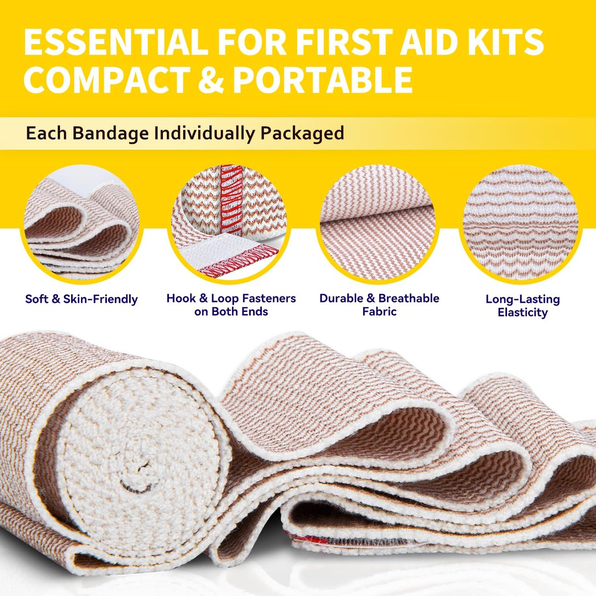 FRESINIDER Elastische Bindenwickel, 2" x 6er-Pack – Latexfreie Baumwoll-Kompressionsbinde mit Klettverschluss an beiden Enden, wiederverwendbare Wickel für Sport, medizinische Zwecke und Verletzungsheilung