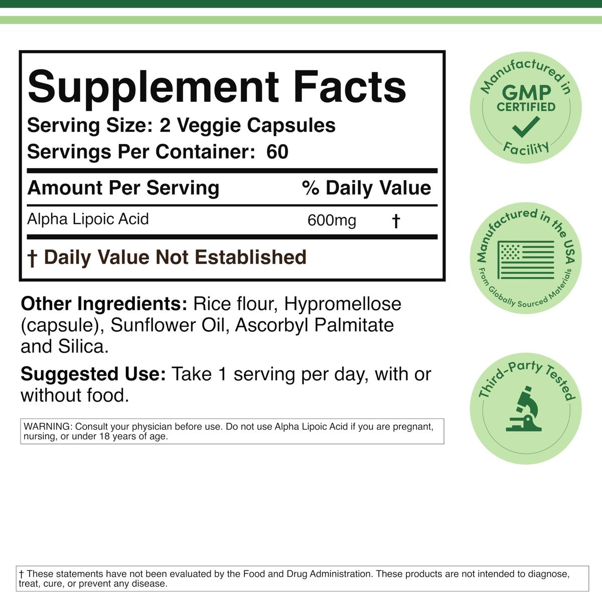 Alpha-Liponsäure 600 mg pro Portion, 120 Kapseln (Drittgeprüft, Nicht-GVO, Glutenfrei, Vegan), Zelluläre Energieunterstützung (ALA-Ergänzung) von Double Wood
