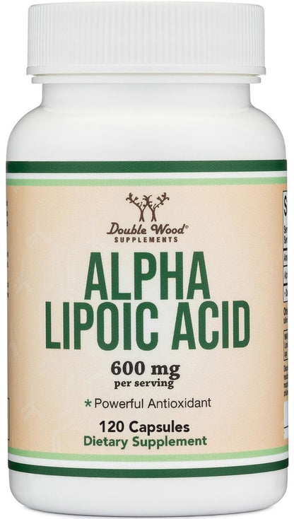 Alpha-Liponsäure 600 mg pro Portion, 120 Kapseln (Drittgeprüft, Nicht-GVO, Glutenfrei, Vegan), Zelluläre Energieunterstützung (ALA-Ergänzung) von Double Wood