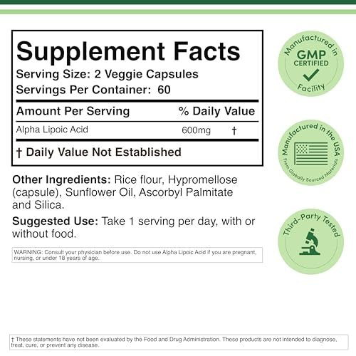 Alpha-Liponsäure 600 mg pro Portion, 120 Kapseln (Drittgeprüft, Nicht-GVO, Glutenfrei, Vegan), Zelluläre Energieunterstützung (ALA-Ergänzung) von Double Wood
