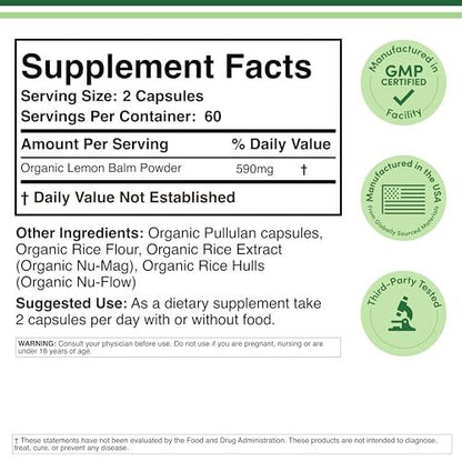 Double Wood Supplements Bio-Zitronenmelisse 120 Kapseln - für Verdauung & Entspannung 590mg - 120 Portionen - Non-GMO, Glutenfrei & Vegan