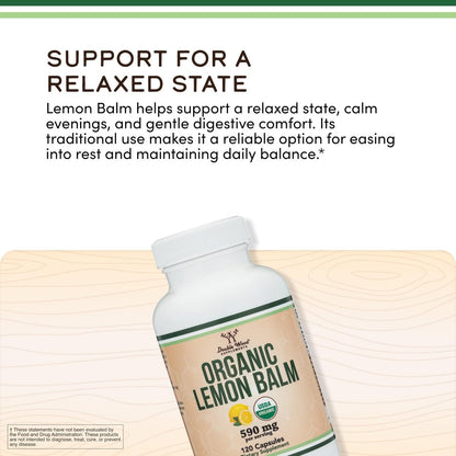 Double Wood Supplements Bio-Zitronenmelisse 120 Kapseln - für Verdauung & Entspannung 590mg - 120 Portionen - Non-GMO, Glutenfrei & Vegan
