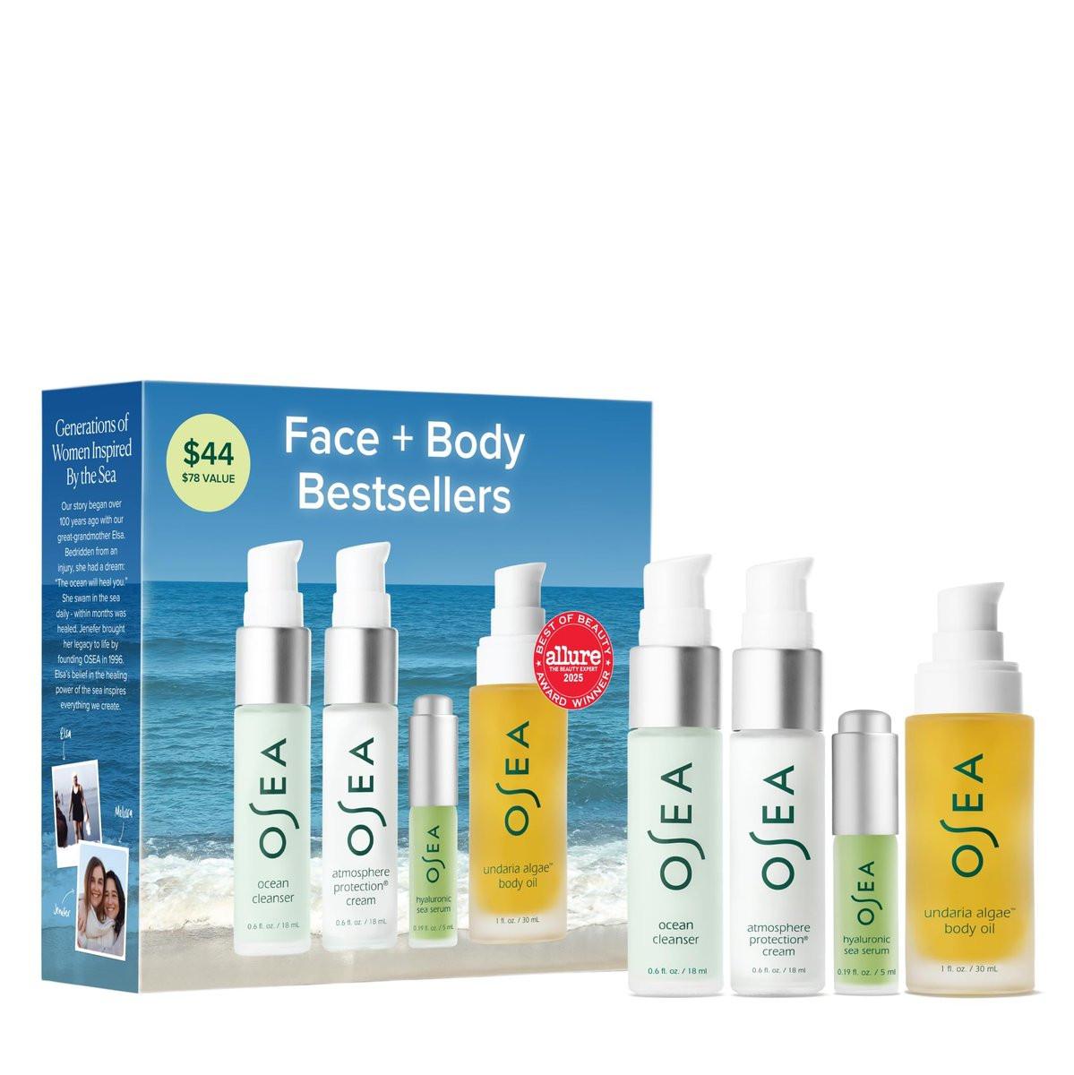 OSEA Bestsellers Set für Gesicht und Körper – 4-teilige Hautpflege-Set mit Körperöl, Gesichtsreiniger, Gesichtscreme und Hyaluronsäure-Serum – Clean Beauty Reiseset – Ideal als Beauty-Geschenk