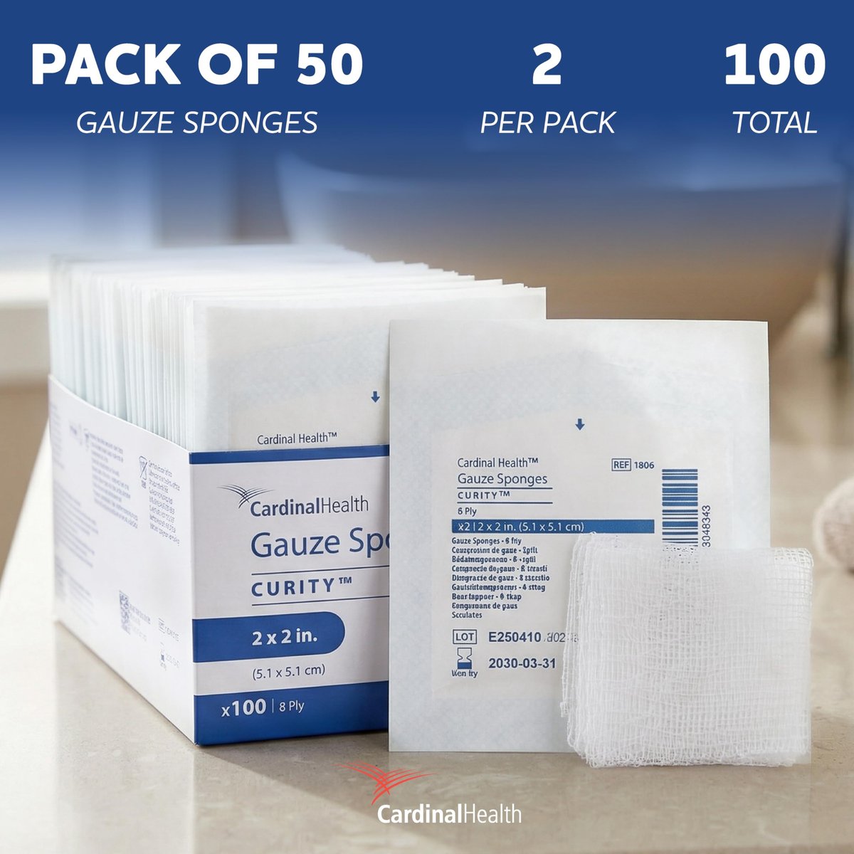 Covidien Curity Mullkompressen, steril, 2er-Pack, 2" x 2", 8-lagig (Packung mit 100)