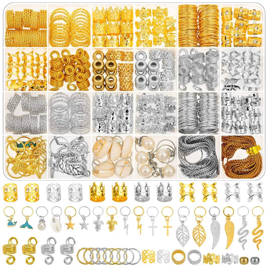 324-teiliges Gold- und Silber-Haarschmuck-Set für Zöpfe, Dreadlocks – Metall-Haarreifen, Ringe, Clips, Charms, Perlen für Partys, Festivals, Hochzeiten und den täglichen Styling
